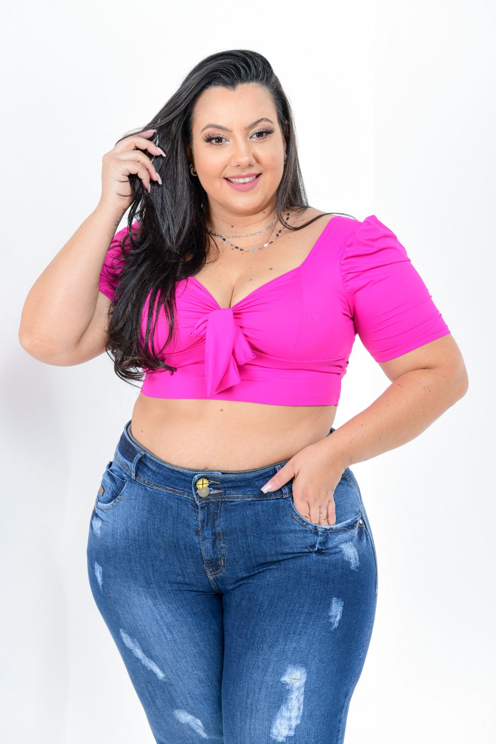 Calça Feminina Jeans Plus Size Cintura Alta Com Cinta Modeladora