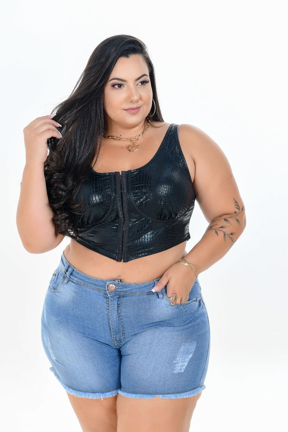 Shorts Feminino Jeans Plus Size Cintura Alta Com Lycra