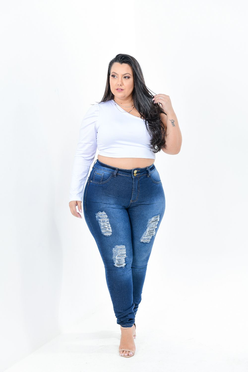 Calça Feminina Jeans Skinny Plus Size Cintura Alta Com Cinta Modeladora