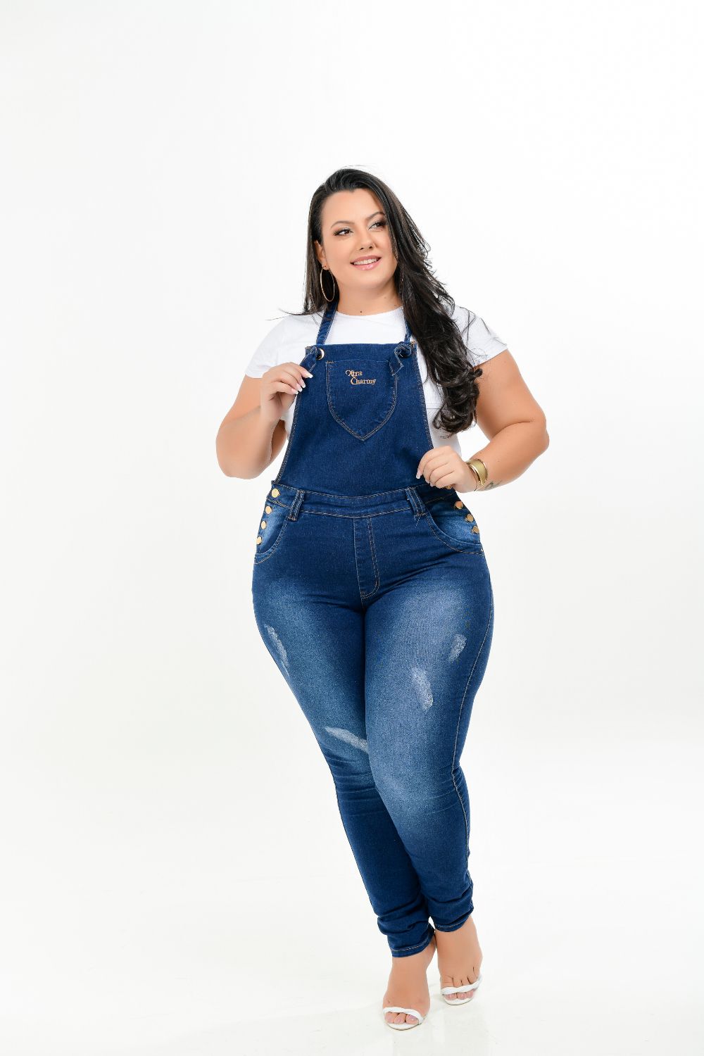 Macacão Feminino Jeans Skinny Plus Size Com Lycra Cintura Média