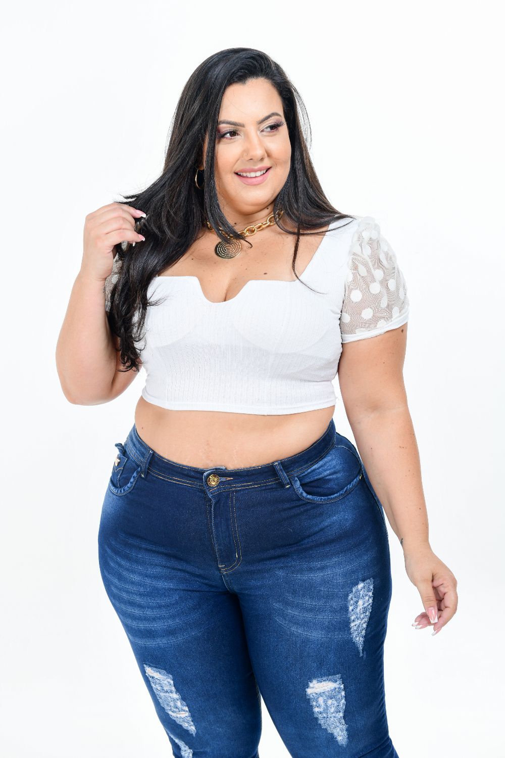Calça Feminina Jeans Skinny Plus Size Cintura Média Detalhe Rasgado Frontal