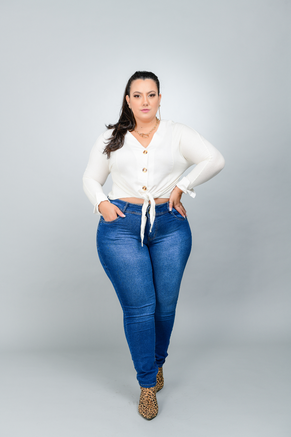 Calça Feminina Jeans Skinny Plus Size Cintura Alta