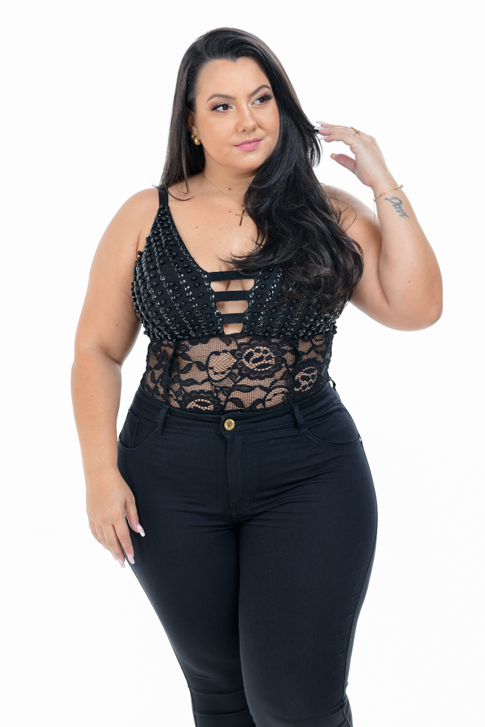 Calça Feminina Jeans Skinny Preta Plus Size Cintura Alta