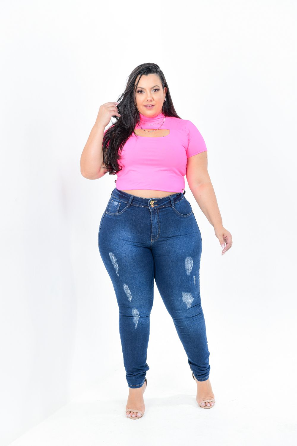 Calça Feminina Jeans skinny Plus Size Cintura Alta Com Cinta Modeladora