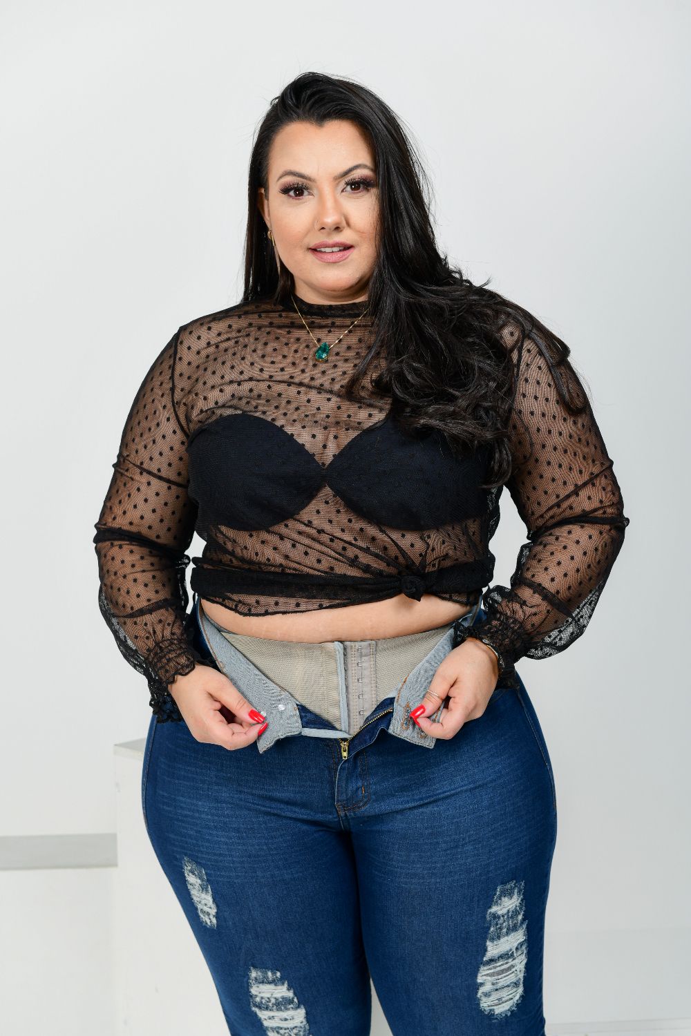 Calça Feminina Jeans Skinny Plus Size Cintura Alta Com Cinta Modeladora